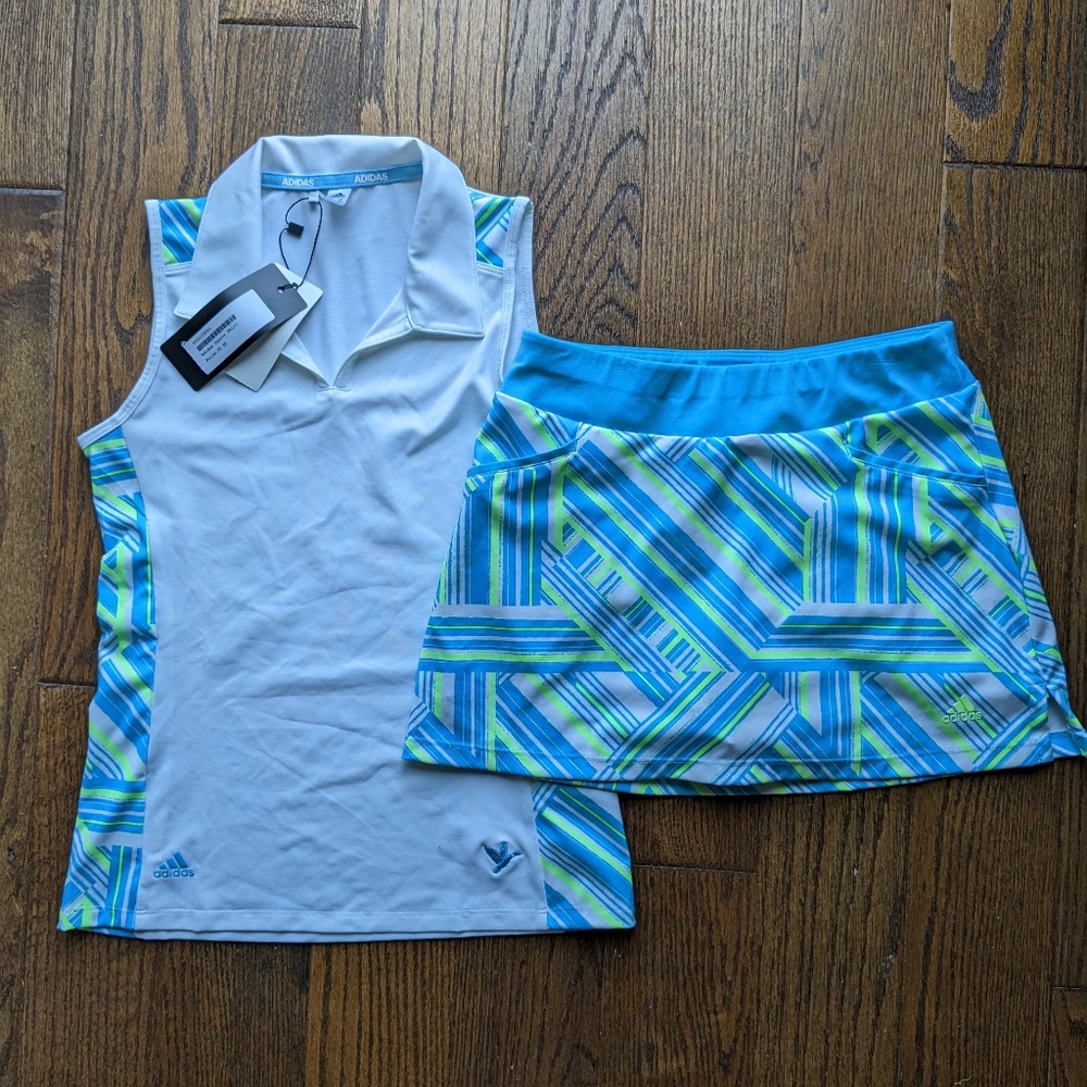 Adidas Girl's Tennis or Golf Top and Skort - White and Blue, Size 9-10Y (S)
